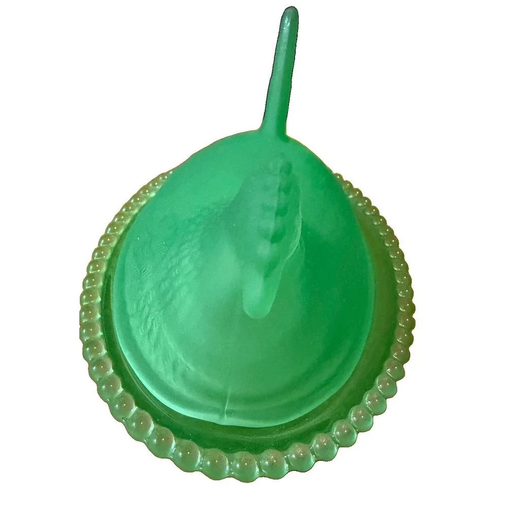 Green Frosted Glass Hen on Nest Covered Dish Chicken Trinket Candy Box Decor
